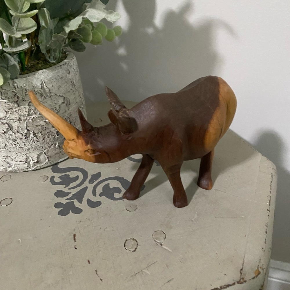 Vintage Hand Carved Wood Rhino Figurine